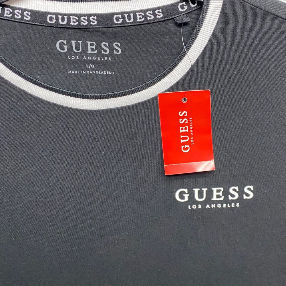 Guess Mens Black Ringer T-Shirt White Logo Crew Neck Large NWT - Picture 6 of 6